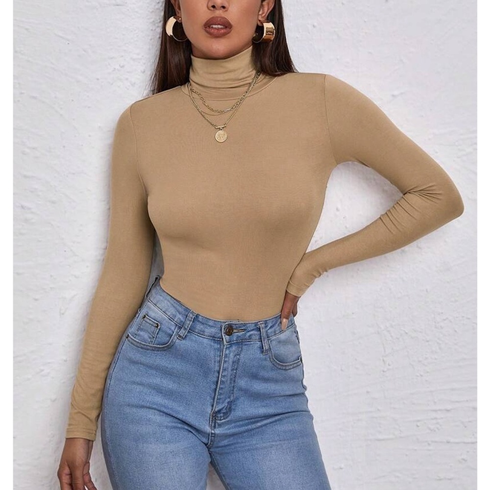 Tan Turtleneck Long Sleeve Tee Shirt